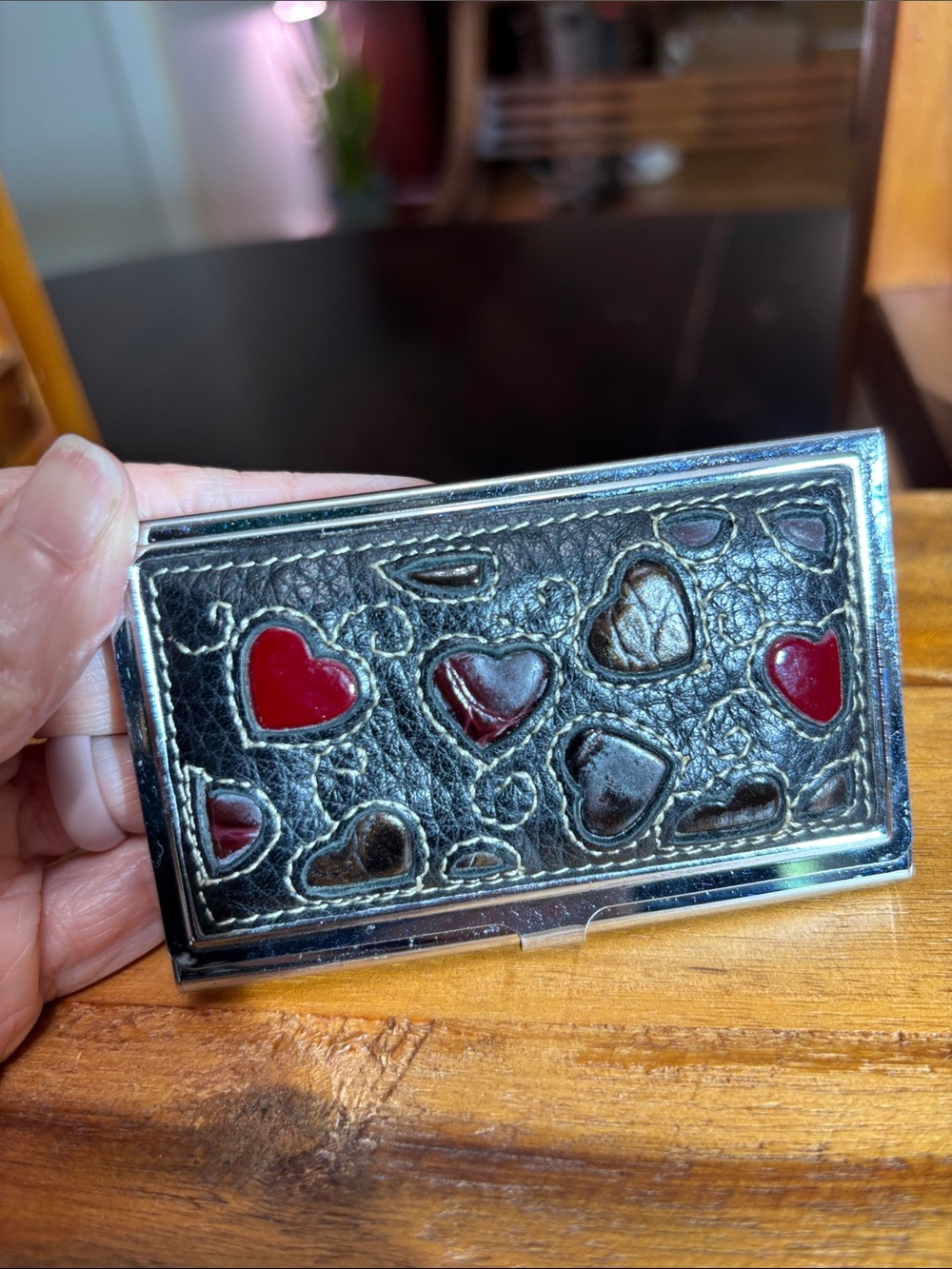 Brighton leather business card holder or box red & brown heart silver-tone frame - Picture 9 of 9